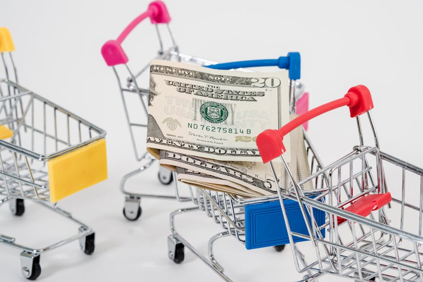 close up photo of money and miniature shopping carts