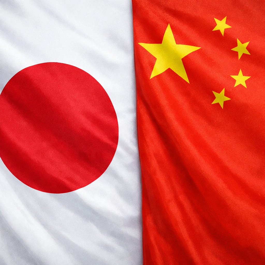 Japanese flag with red circle on white background and Chinese flag with large yellow star and four smaller stars on red background